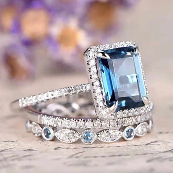 NEW 18k White Gold Blue Topaz Ring Set of 3 Rings Emerald Cut Ring - Picture 4 of 6